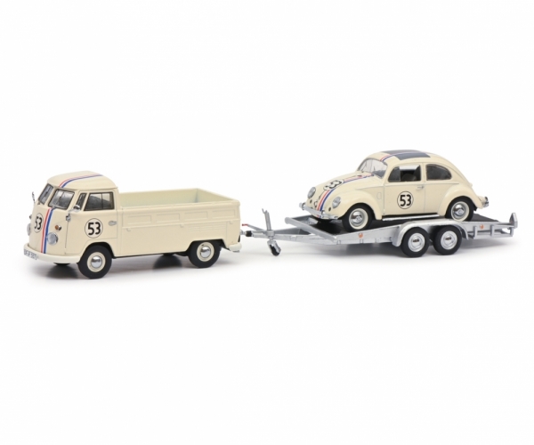 Schuco 450275800 – 1:43 VW Pritsche T1b mit Anhänger und VW Käfer #53