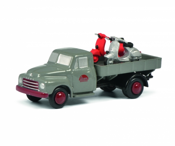 Schuco 450586800 - Piccolo Opel Blitz Pritsche 'Vespa Service' mit Ladegut