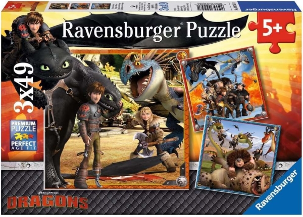 Ravensburger 09258 - Puzzle 3x49 Teile, Dragons Drachenreiter