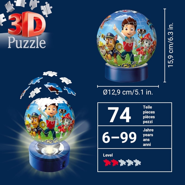 Ravensburger 11842 - puzzleball Paw Patrol 72 Teile 13 cm + LED Sockel